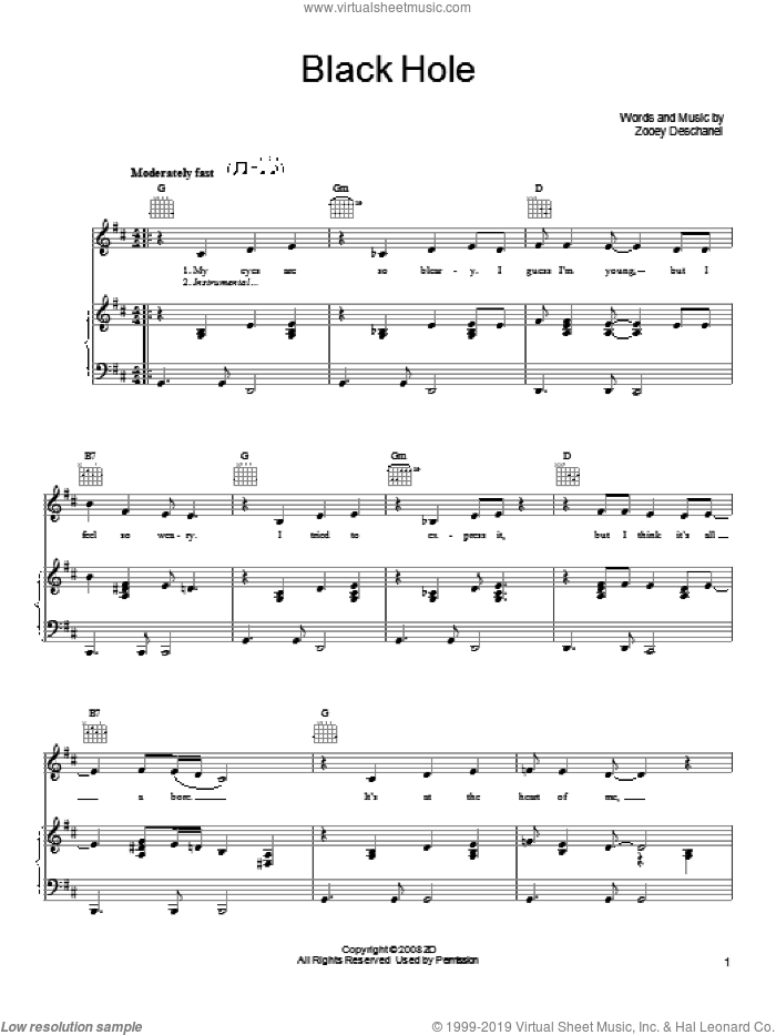 Black Hole sheet music for voice, piano or guitar by She & Him and Zooey Deschanel, intermediate skill level