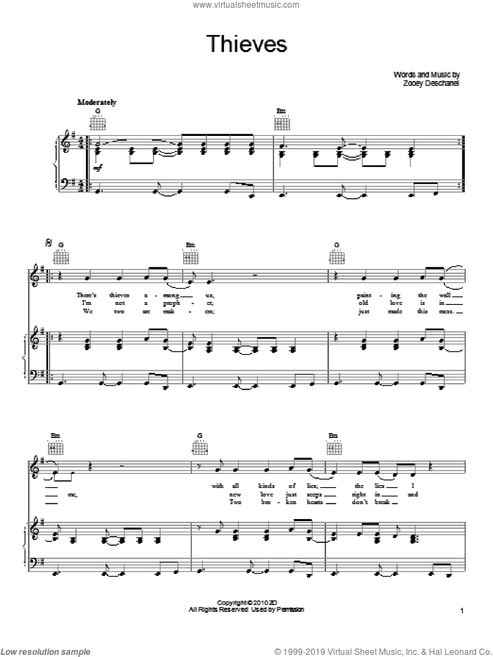 Thieves sheet music for voice, piano or guitar by She & Him and Zooey Deschanel, intermediate skill level