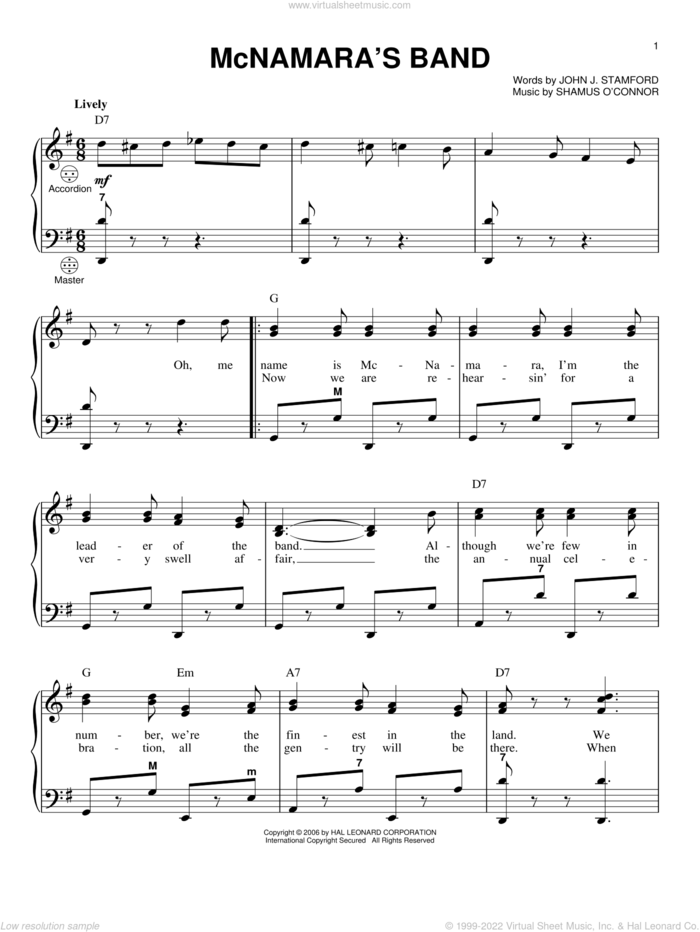 McNamara's Band sheet music for accordion by Bing Crosby, Gary Meisner and John J. Stamford, intermediate skill level