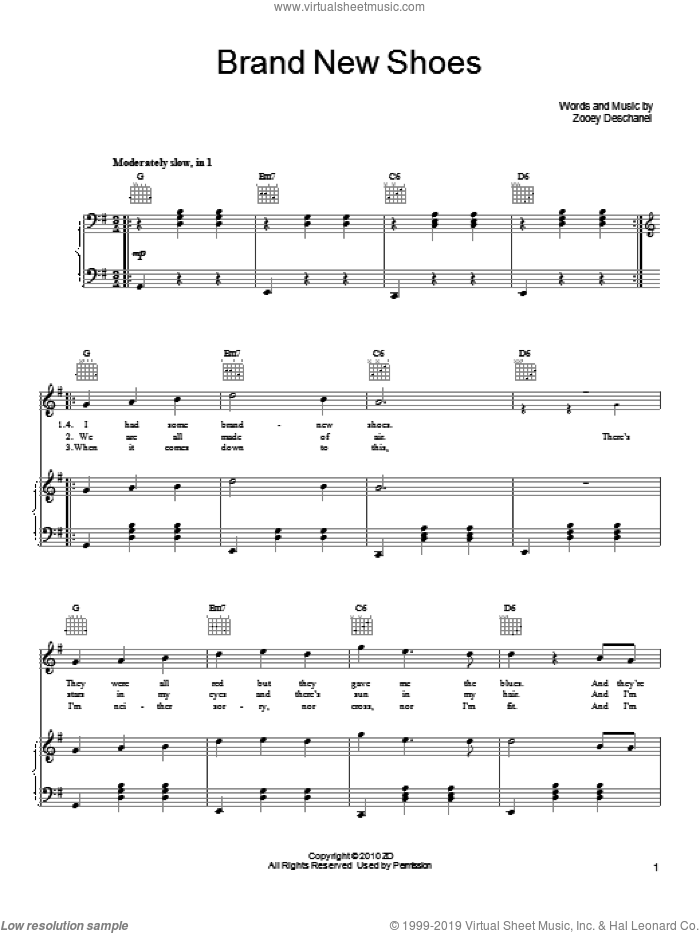 Brand New Shoes sheet music for voice, piano or guitar by She & Him and Zooey Deschanel, intermediate skill level