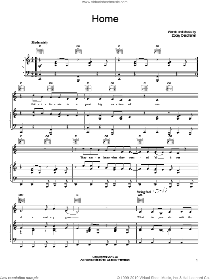 Home sheet music for voice, piano or guitar by She & Him and Zooey Deschanel, intermediate skill level