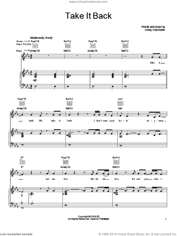 Take It Back sheet music for voice, piano or guitar by She & Him and Zooey Deschanel, intermediate skill level