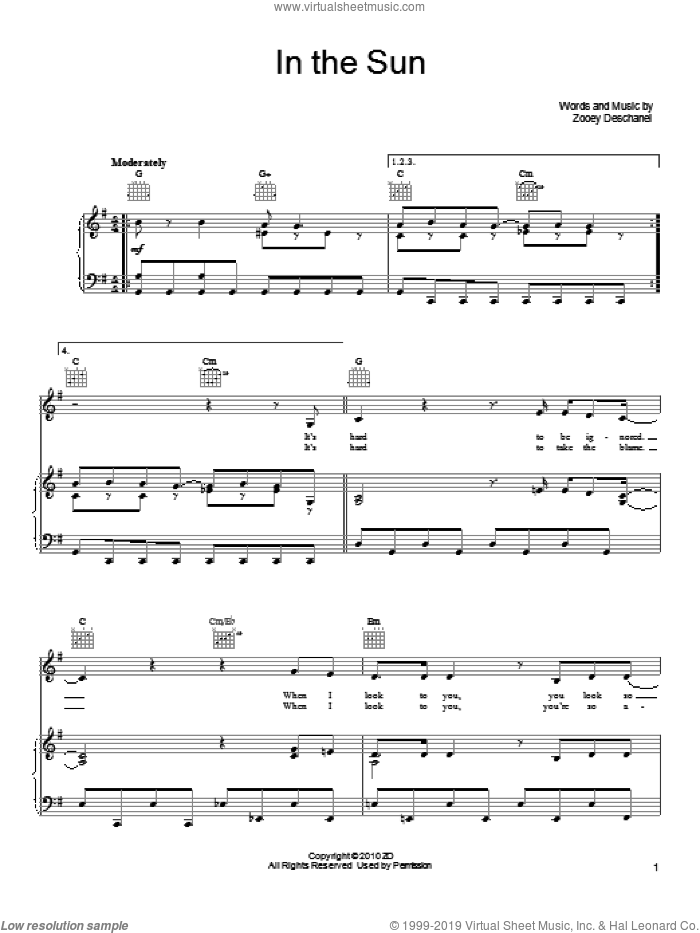 In The Sun sheet music for voice, piano or guitar by She & Him and Zooey Deschanel, intermediate skill level