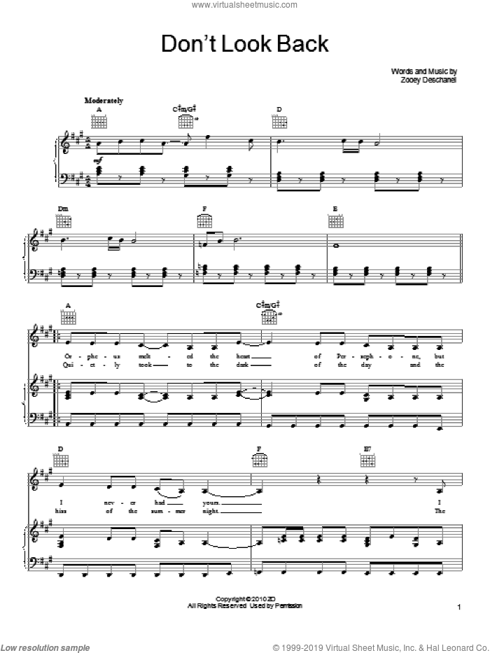 Don't Look Back sheet music for voice, piano or guitar by She & Him and Zooey Deschanel, intermediate skill level