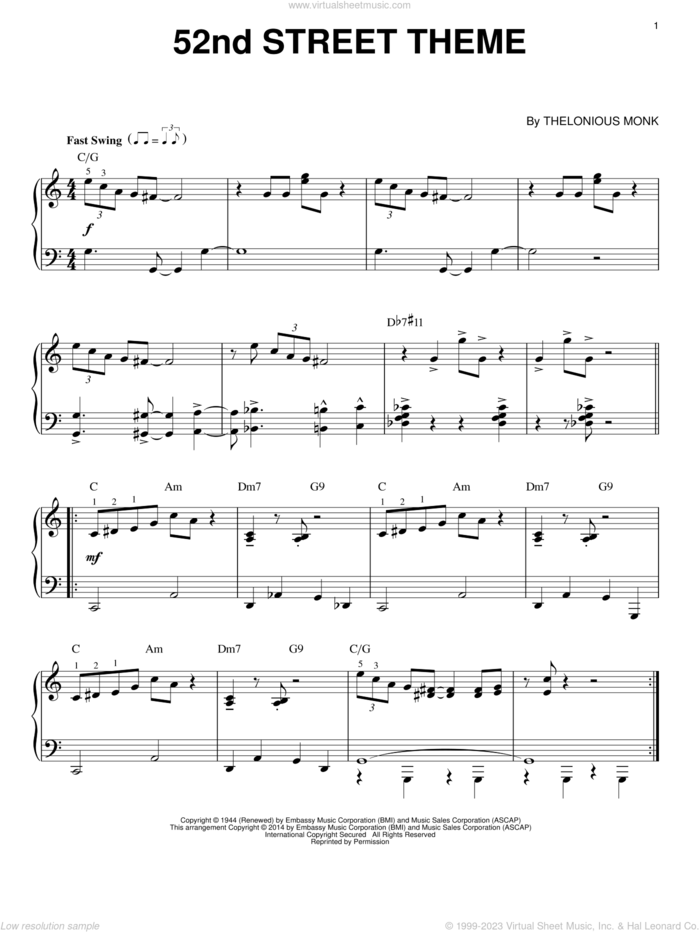 52nd Street Theme sheet music for piano solo by Thelonious Monk, intermediate skill level