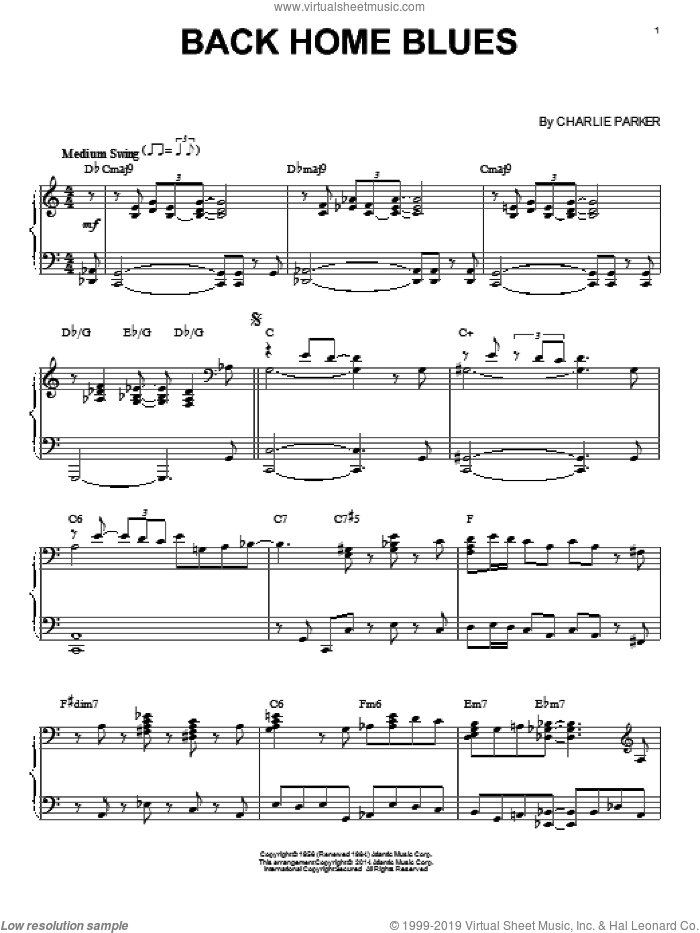Back Home Blues sheet music for piano solo by Charlie Parker, intermediate skill level