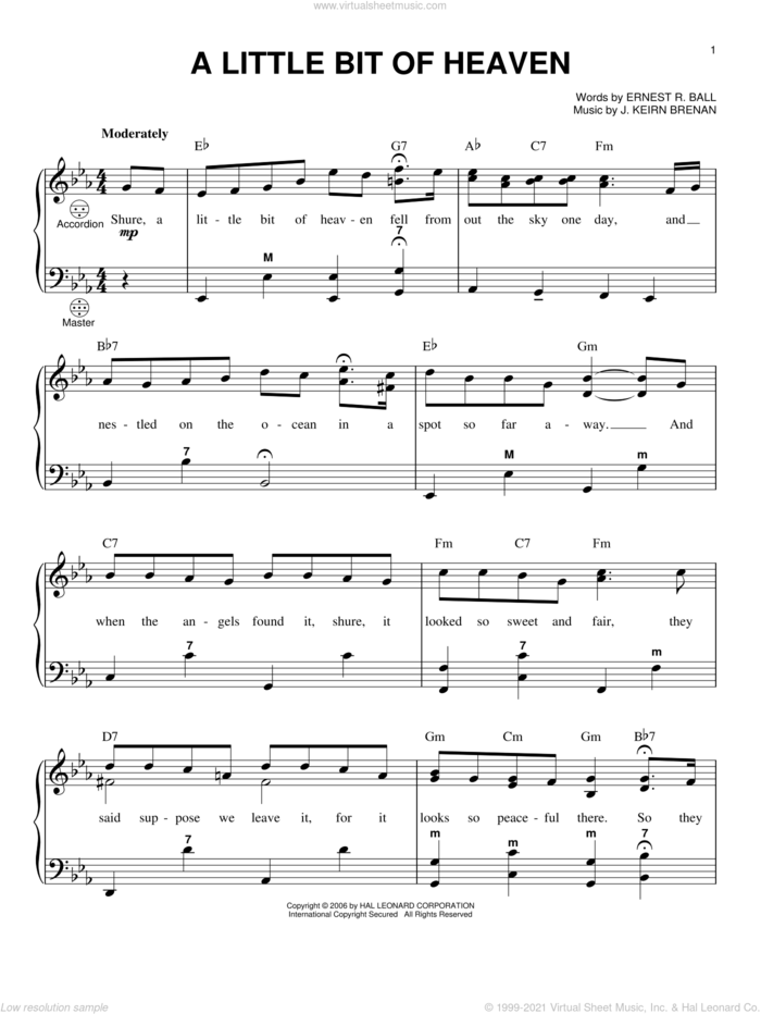 A Little Bit Of Heaven sheet music for accordion by J. Keirn Brenan, Gary Meisner and Ernest R. Ball, intermediate skill level