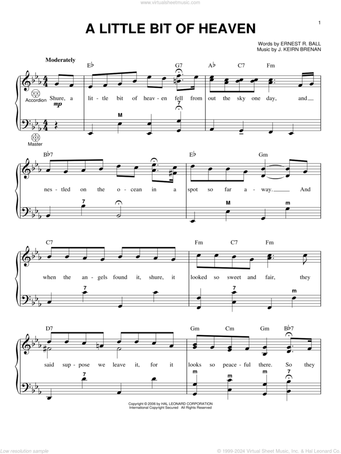 A Little Bit Of Heaven sheet music for accordion by J. Keirn Brenan, Gary Meisner and Ernest R. Ball, intermediate skill level