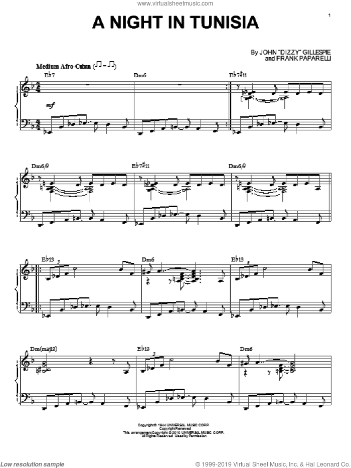 A Night In Tunisia sheet music for piano solo by Dizzy Gillespie, intermediate skill level