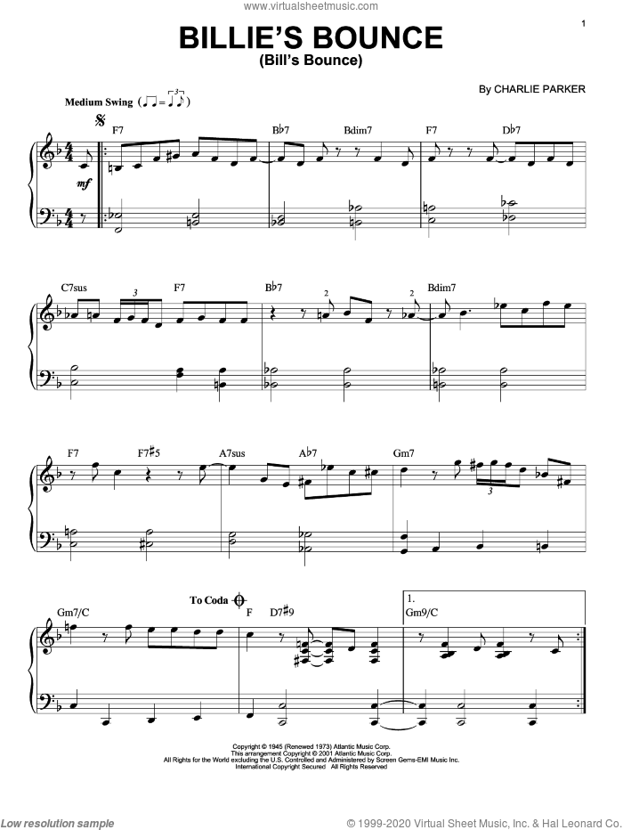 Billie's Bounce (Bill's Bounce) sheet music for piano solo by Charlie Parker, intermediate skill level