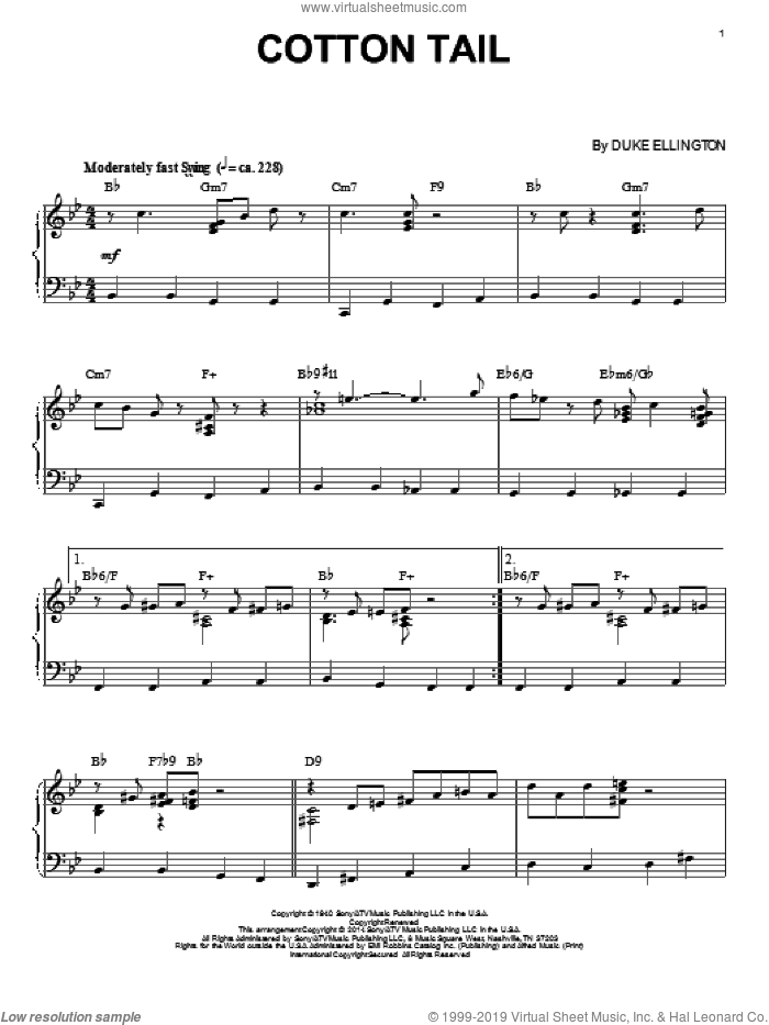 Cotton Tail sheet music for piano solo by Duke Ellington, intermediate skill level