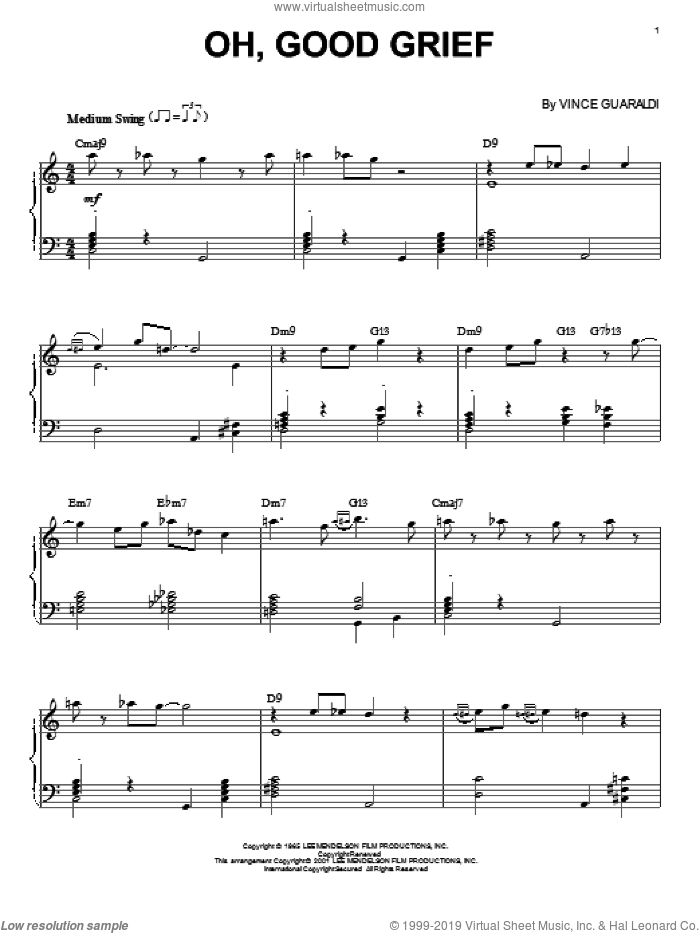 Oh, Good Grief sheet music for piano solo by Vince Guaraldi, intermediate skill level
