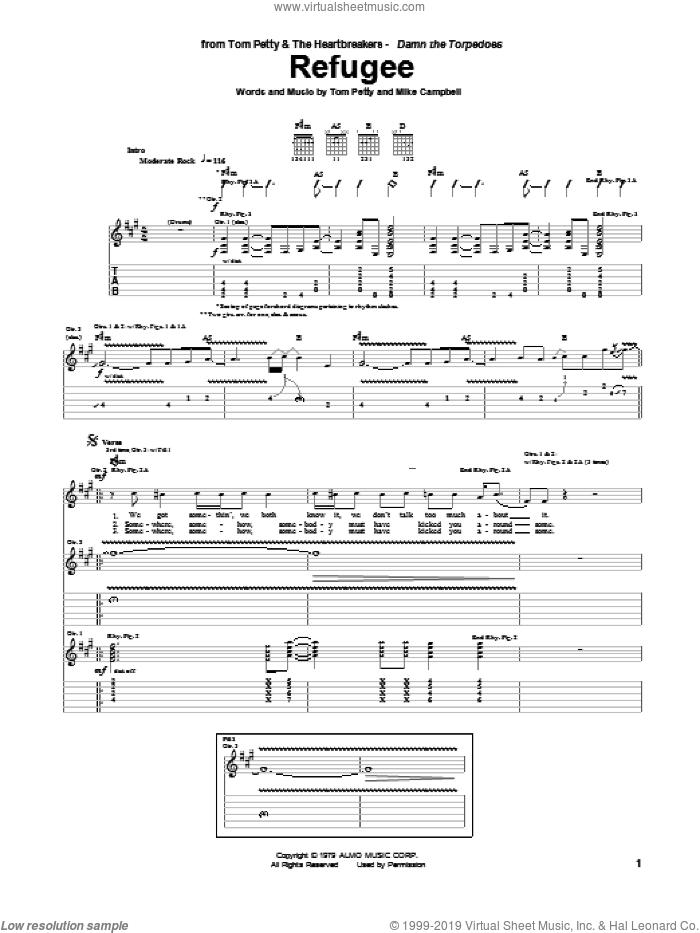 Refugee sheet music for guitar (tablature) by Tom Petty And The Heartbreakers, Mike Campbell and Tom Petty, intermediate skill level