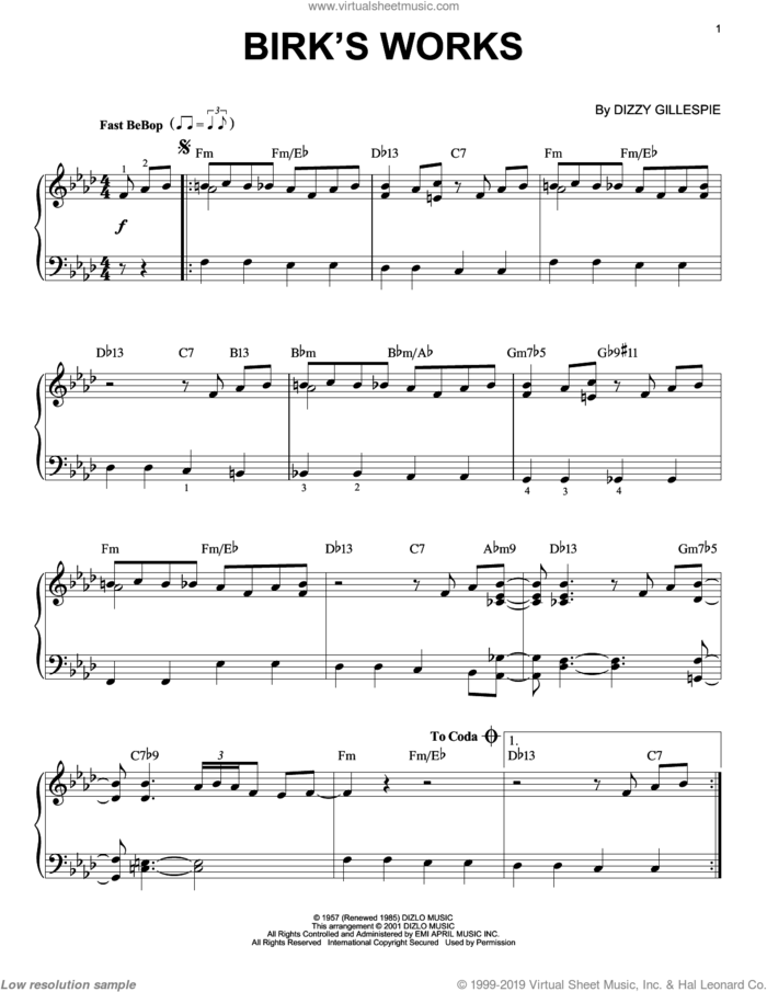 Birk's Works sheet music for piano solo by Dizzy Gillespie, intermediate skill level