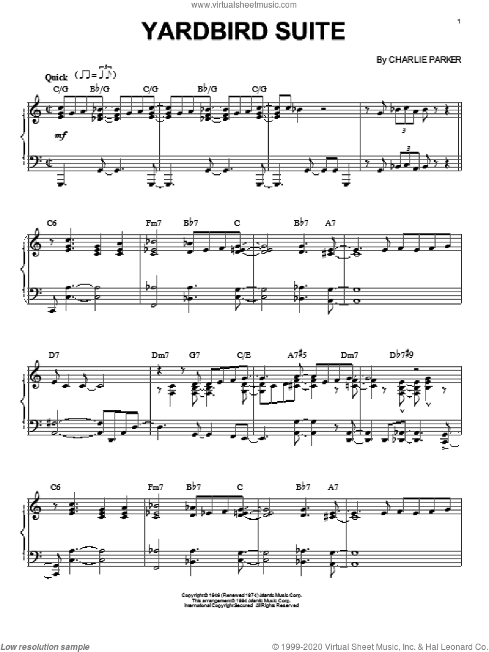 Yardbird Suite sheet music for piano solo by Charlie Parker, intermediate skill level