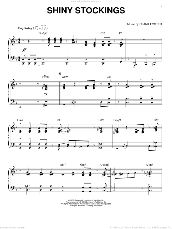 Shiny Stockings sheet music for piano solo by Frank Foster and Ella Fitzgerald, intermediate skill level