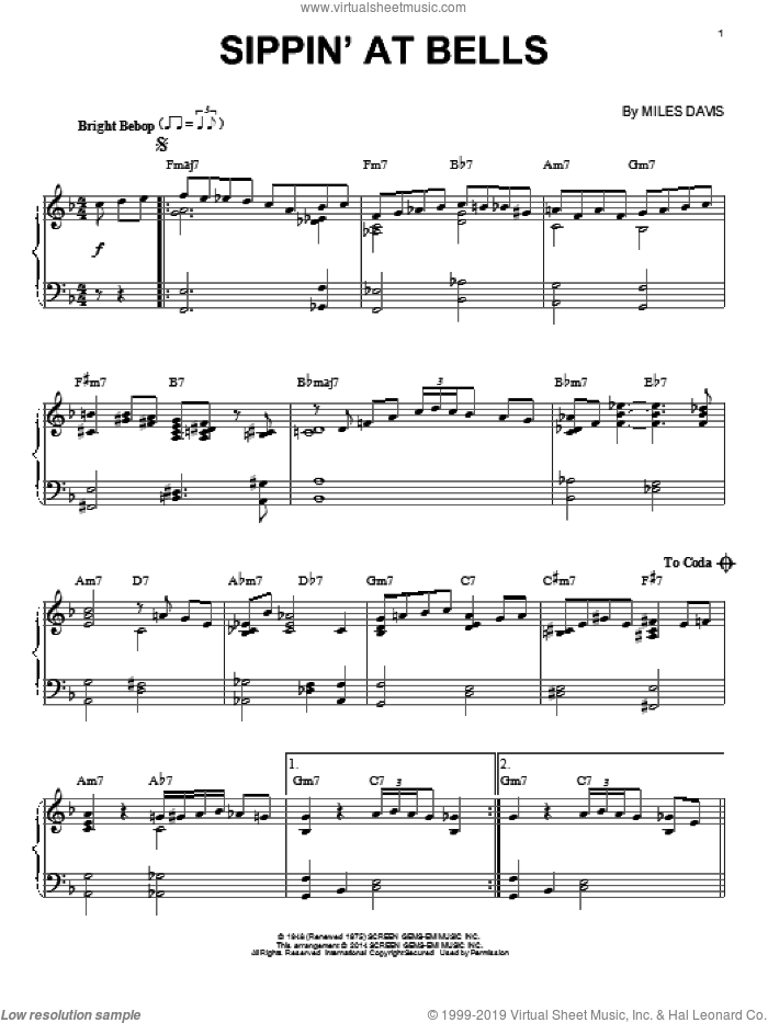 Sippin' At Bells sheet music for piano solo by Miles Davis, intermediate skill level