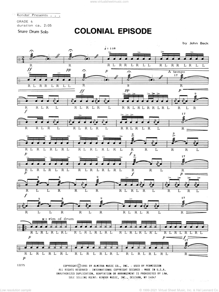 Colonial Episode sheet music for percussions by John H. Beck, classical score, intermediate skill level