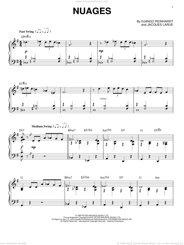 Nuages sheet music for piano solo by Django Reinhardt, intermediate skill level