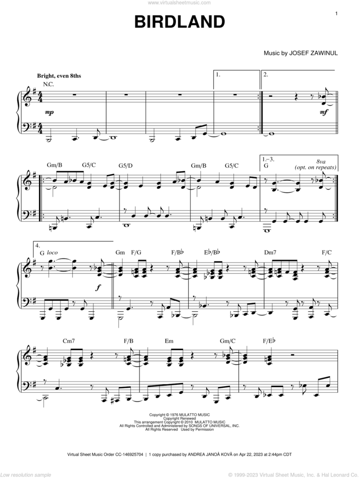 Birdland sheet music for piano solo by Manhattan Transfer, intermediate skill level