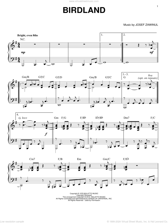 Birdland sheet music for piano solo by Manhattan Transfer, intermediate skill level