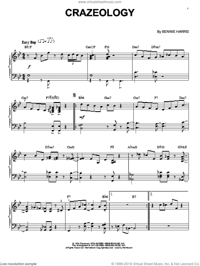 Crazeology sheet music for piano solo by Charlie Parker and Bennie Harris, intermediate skill level