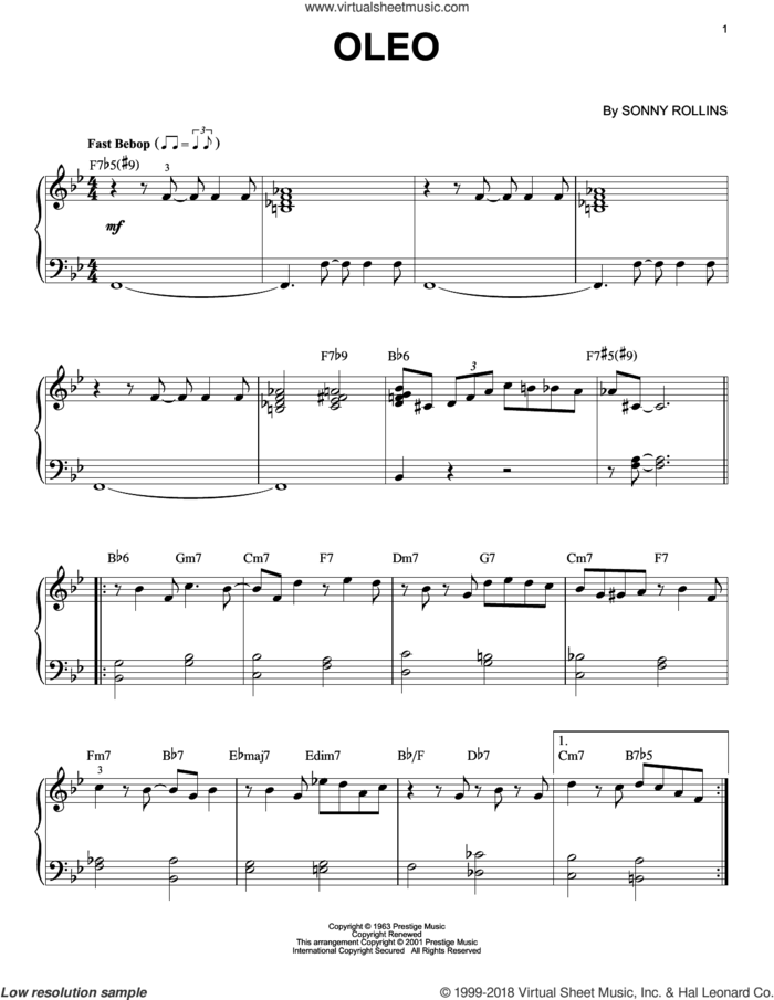 Oleo sheet music for piano solo by John Coltrane, intermediate skill level