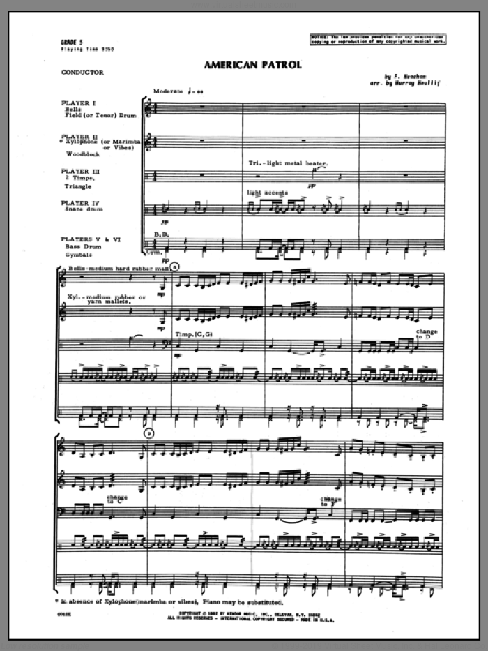 American Patrol (COMPLETE) sheet music for percussions by Houllif and F.W. Meacham, classical score, intermediate skill level