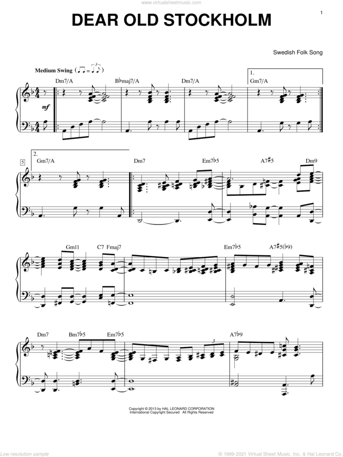 Dear Old Stockholm sheet music for piano solo by Swedish Folk Song, intermediate skill level