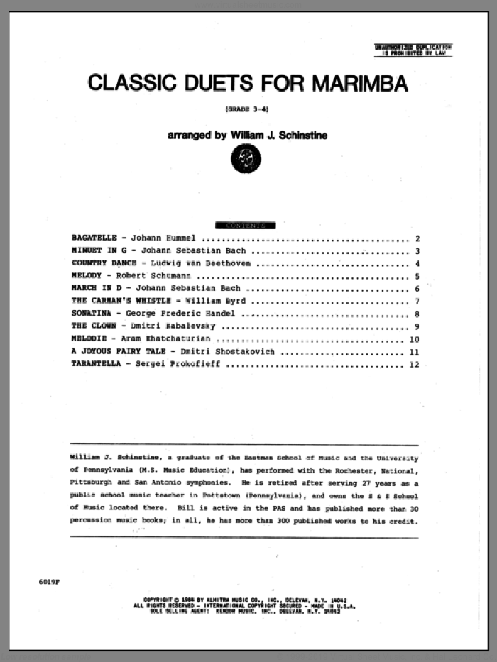 Classic Duets For Marimba sheet music for percussions by Schinstine, classical score, intermediate skill level