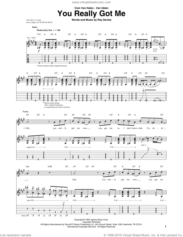 You Really Got Me sheet music for guitar (tablature) by Ray Davies, Edward Van Halen, Guitar Hero and The Kinks, intermediate skill level