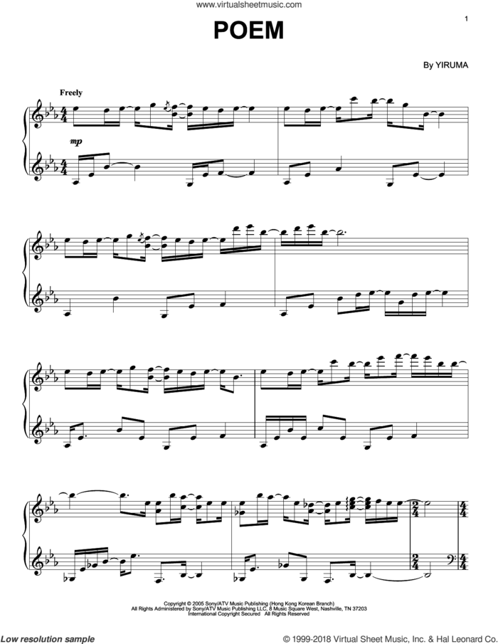 Poem, (intermediate) sheet music for piano solo by Yiruma, classical score, intermediate skill level