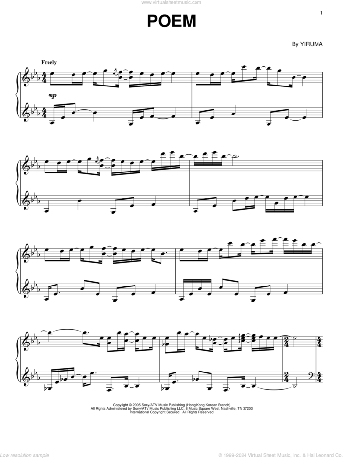 Poem, (intermediate) sheet music for piano solo by Yiruma, classical score, intermediate skill level