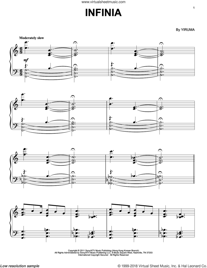Infinia sheet music for piano solo by Yiruma, classical score, intermediate skill level