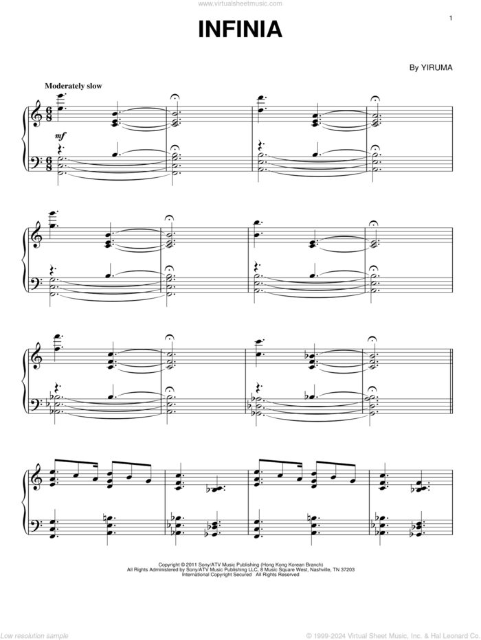 Infinia sheet music for piano solo by Yiruma, classical score, intermediate skill level