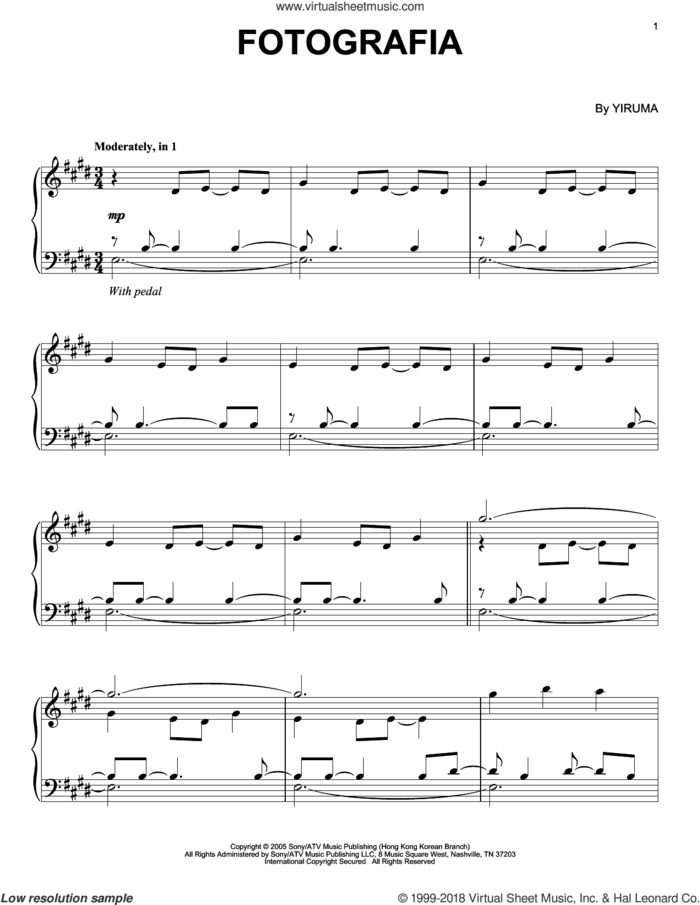 Fotografia, (intermediate) sheet music for piano solo by Yiruma, classical score, intermediate skill level