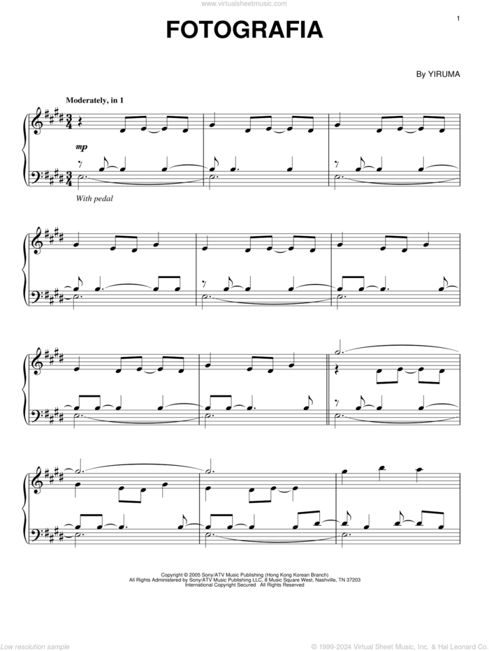 Fotografia, (intermediate) sheet music for piano solo by Yiruma, classical score, intermediate skill level