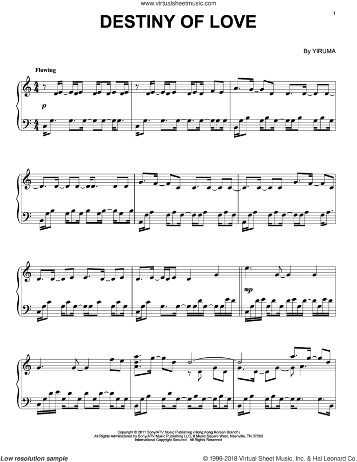 Destiny Of Love, (intermediate) sheet music for piano solo by Yiruma, classical score, intermediate skill level