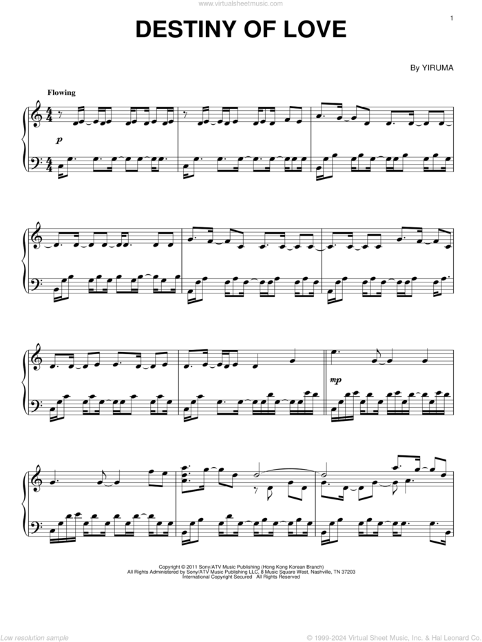 Destiny Of Love, (intermediate) sheet music for piano solo by Yiruma, classical score, intermediate skill level