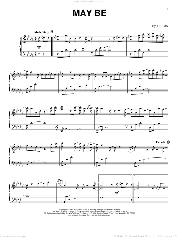 May Be, (intermediate) sheet music for piano solo by Yiruma, classical score, intermediate skill level