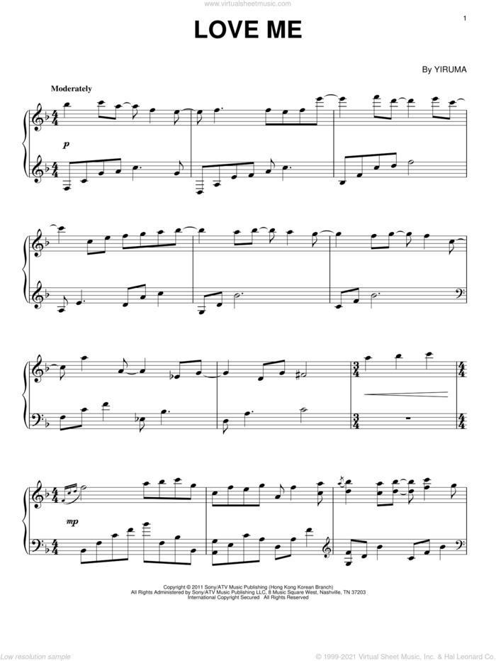 Love Me, (intermediate) sheet music for piano solo by Yiruma, classical score, intermediate skill level