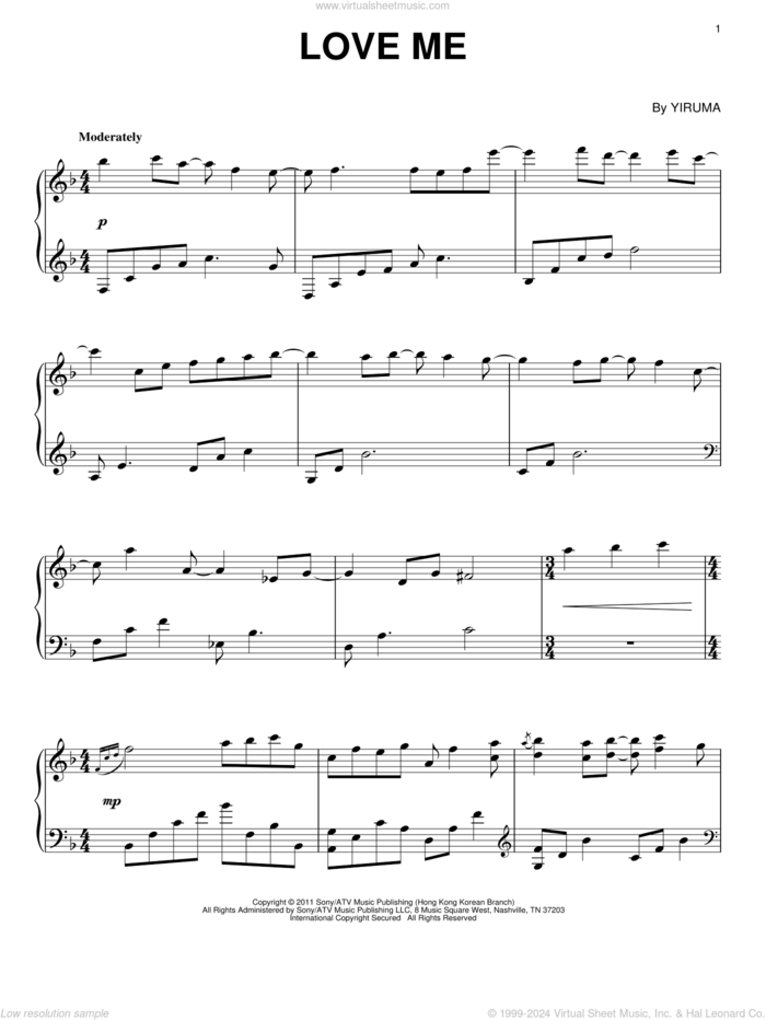 Love Me, (intermediate) sheet music for piano solo by Yiruma, classical score, intermediate skill level