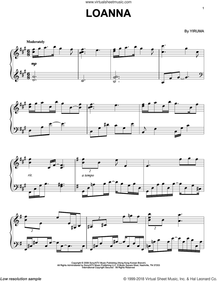 Loanna sheet music for piano solo by Yiruma, classical score, intermediate skill level