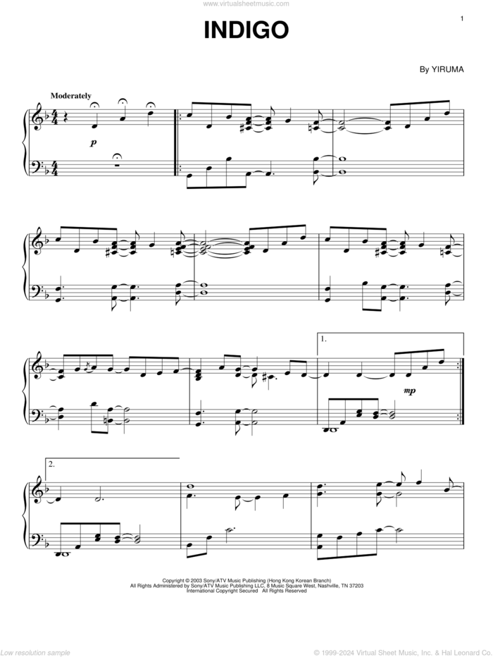 Indigo, (intermediate) sheet music for piano solo by Yiruma, classical score, intermediate skill level