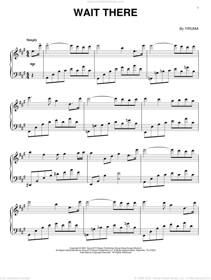 Wait There, (intermediate) sheet music for piano solo by Yiruma, classical score, intermediate skill level