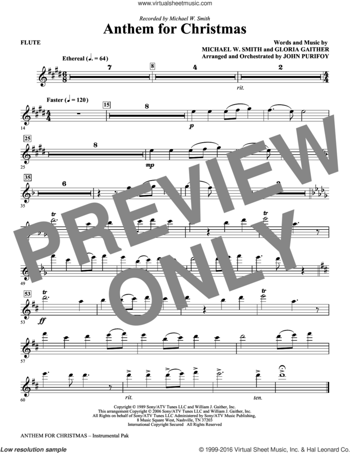 Anthem for Christmas sheet music for orchestra/band (flute) by Michael W. Smith, Gloria Gaither and John Purifoy, intermediate skill level
