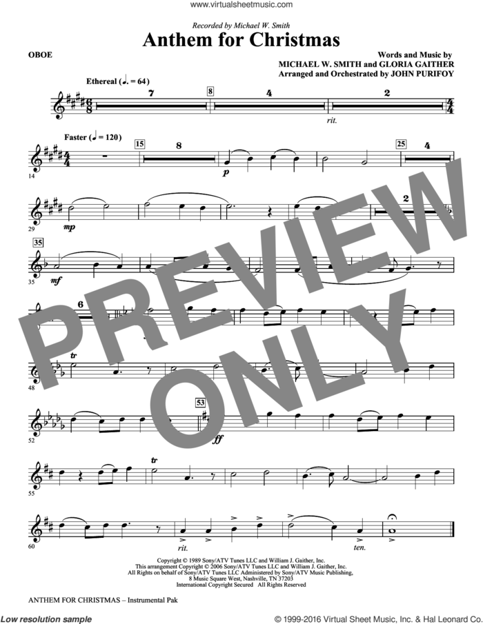 Anthem for Christmas sheet music for orchestra/band (oboe) by Michael W. Smith, Gloria Gaither and John Purifoy, intermediate skill level