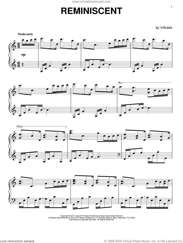 Reminiscent sheet music for piano solo by Yiruma, classical score, intermediate skill level