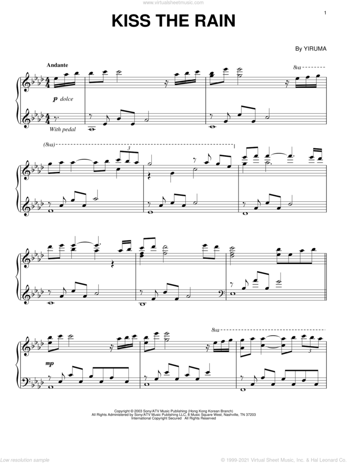 Kiss The Rain, (intermediate) sheet music for piano solo by Yiruma, classical score, intermediate skill level