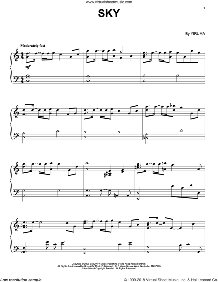 Sky, (intermediate) sheet music for piano solo by Yiruma, classical score, intermediate skill level